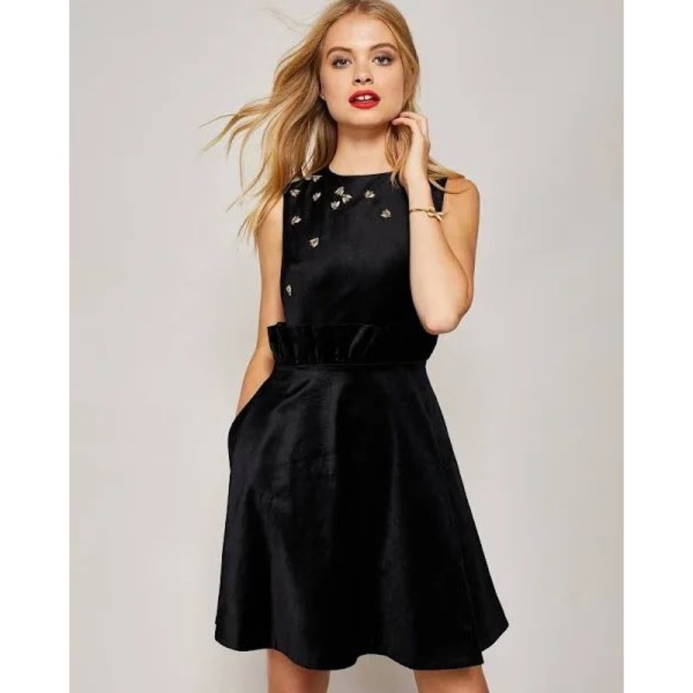 Ted Baker London Celeena Black Velvet Bee Embellished Dress Size 3 US 8 NWT